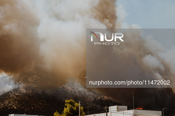 Severe wildfires are erupting across Attica, Greece, fueled by extreme heat, drought, and high winds since Sunday, in Nea Makri, Attica, Gre...