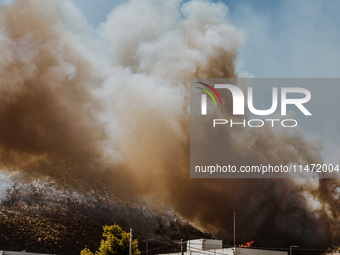 Severe wildfires are erupting across Attica, Greece, fueled by extreme heat, drought, and high winds since Sunday, in Nea Makri, Attica, Gre...