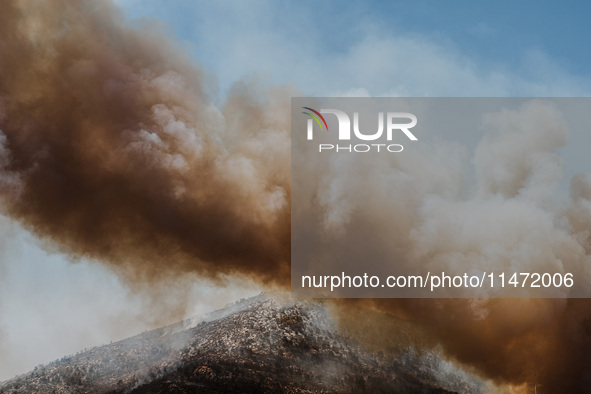 Severe wildfires are erupting across Attica, Greece, fueled by extreme heat, drought, and high winds since Sunday, in Nea Makri, Attica, Gre...