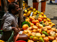 A man is selling fruits and vegetables at the Chalai market in Thiruvananthapuram, Kerala, India, on April 13, 2024. The Chalai Market (Chal...