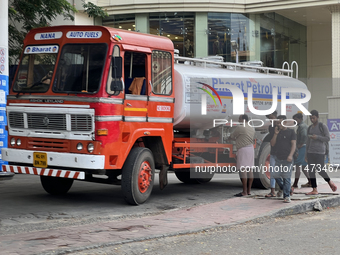 A Bharat Petroleum fuel tanker is unloading fuel at a petrol pump in Thiruvananthapuram (Trivandrum), Kerala, India, on April 14, 2024. (