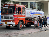 A Bharat Petroleum fuel tanker is unloading fuel at a petrol pump in Thiruvananthapuram (Trivandrum), Kerala, India, on April 14, 2024. (