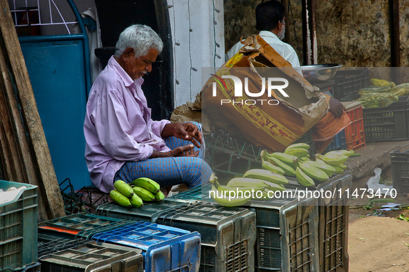 A man is selling bananas at the Chalai market in the city of Thiruvananthapuram (Trivandrum), Kerala, India, on April 13, 2024. The Chalai M...