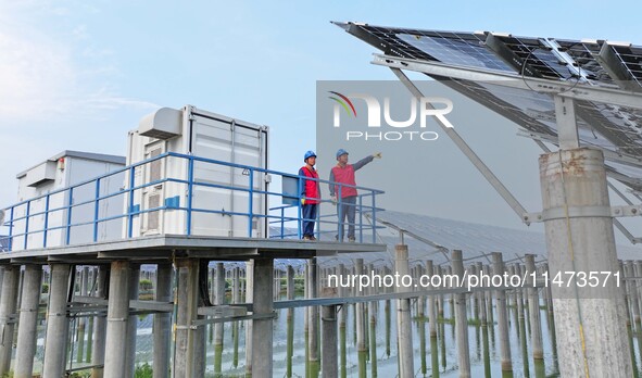 Operation and maintenance personnel are inspecting the operating power generation facilities at the ''fishery-solar hybrid project'' photovo...