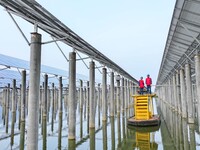 Operation and maintenance personnel are inspecting the operating power generation facilities at the ''fishery-solar hybrid project'' photovo...