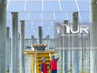 Operation and maintenance personnel are inspecting the operating power generation facilities at the ''fishery-solar hybrid project'' photovo...