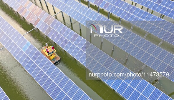 Operation and maintenance personnel are inspecting the operating power generation facilities at the ''fishery-solar hybrid project'' photovo...