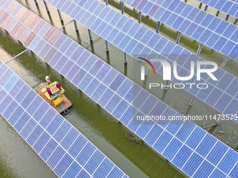 Operation and maintenance personnel are inspecting the operating power generation facilities at the ''fishery-solar hybrid project'' photovo...