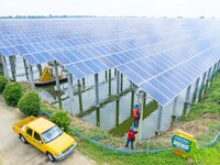 Operation and maintenance personnel are inspecting the operating power generation facilities at the ''fishery-solar hybrid project'' photovo...