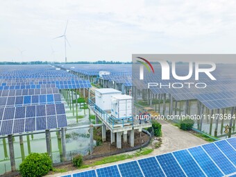 Operation and maintenance personnel are inspecting the operating power generation facilities at the ''fishery-solar hybrid project'' photovo...