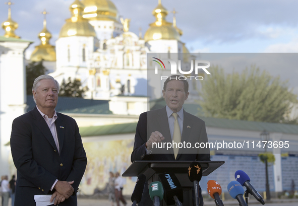 United States Senators Lindsey Graham and Richard Blumenthal are holding a briefing in Mykhailivska Square outside the St. Michael's Golden-...