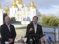 United States Senators Lindsey Graham and Richard Blumenthal are holding a briefing in Mykhailivska Square outside the St. Michael's Golden-...