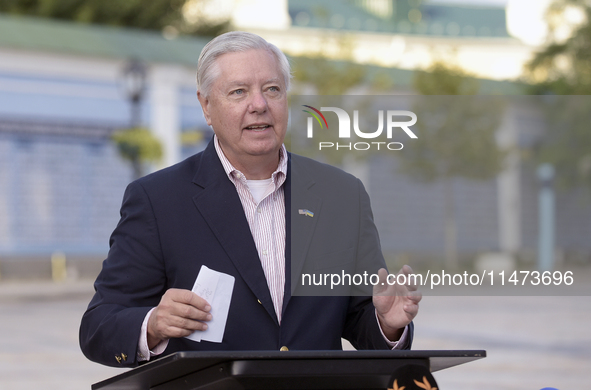 United States Senator Lindsey Graham is attending a briefing in Mykhailivska Square outside the St Michael's Golden-Domed Monastery in Kyiv,...