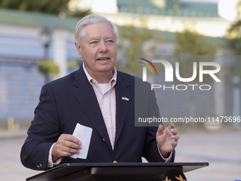 United States Senator Lindsey Graham is attending a briefing in Mykhailivska Square outside the St Michael's Golden-Domed Monastery in Kyiv,...