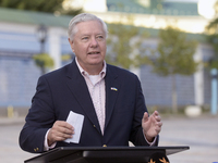 United States Senator Lindsey Graham is attending a briefing in Mykhailivska Square outside the St Michael's Golden-Domed Monastery in Kyiv,...