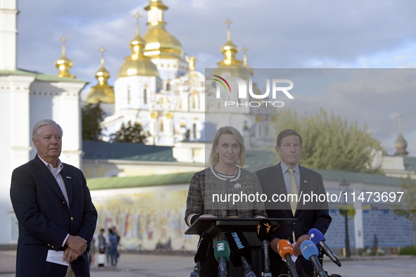 US Ambassador to Ukraine Bridget A. Brink, United States Senators Lindsey Graham (L) and Richard Blumenthal are attending a briefing in Mykh...