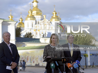 US Ambassador to Ukraine Bridget A. Brink, United States Senators Lindsey Graham (L) and Richard Blumenthal are attending a briefing in Mykh...