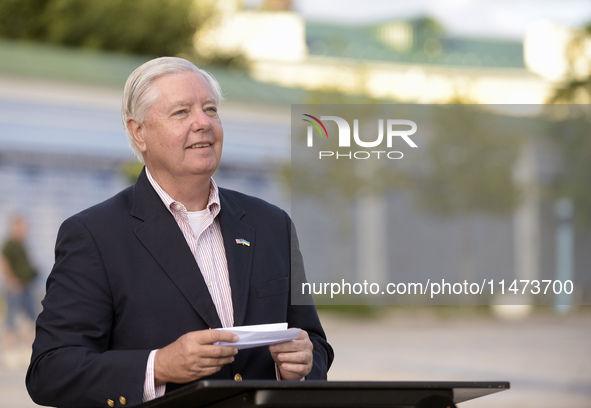 United States Senator Lindsey Graham is attending a briefing in Mykhailivska Square outside the St Michael's Golden-Domed Monastery in Kyiv,...