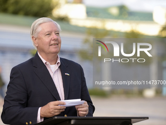 United States Senator Lindsey Graham is attending a briefing in Mykhailivska Square outside the St Michael's Golden-Domed Monastery in Kyiv,...