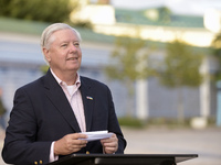 United States Senator Lindsey Graham is attending a briefing in Mykhailivska Square outside the St Michael's Golden-Domed Monastery in Kyiv,...