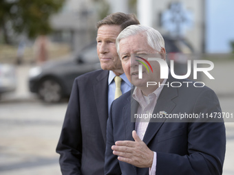 United States Senators Richard Blumenthal (L) and Lindsey Graham are holding a briefing in Mykhailivska Square outside the St. Michael's Gol...