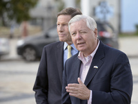 United States Senators Richard Blumenthal (L) and Lindsey Graham are holding a briefing in Mykhailivska Square outside the St. Michael's Gol...