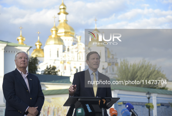 United States Senators Lindsey Graham and Richard Blumenthal are holding a briefing in Mykhailivska Square outside the St. Michael's Golden-...