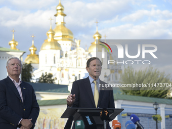 United States Senators Lindsey Graham and Richard Blumenthal are holding a briefing in Mykhailivska Square outside the St. Michael's Golden-...