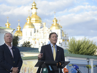 United States Senators Lindsey Graham and Richard Blumenthal are holding a briefing in Mykhailivska Square outside the St. Michael's Golden-...