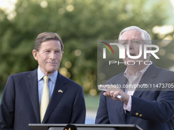 United States Senators Richard Blumenthal (L) and Lindsey Graham are holding a briefing in Mykhailivska Square outside the St. Michael's Gol...