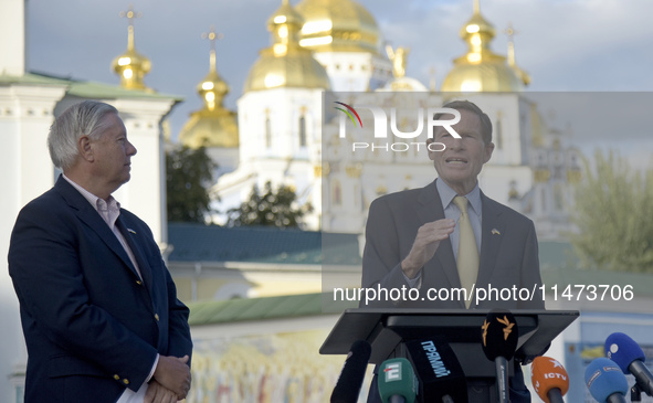 United States Senators Lindsey Graham and Richard Blumenthal are holding a briefing in Mykhailivska Square outside the St. Michael's Golden-...