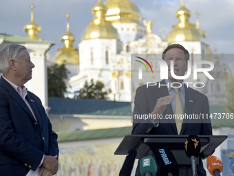 United States Senators Lindsey Graham and Richard Blumenthal are holding a briefing in Mykhailivska Square outside the St. Michael's Golden-...