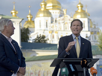 United States Senators Lindsey Graham and Richard Blumenthal are holding a briefing in Mykhailivska Square outside the St. Michael's Golden-...