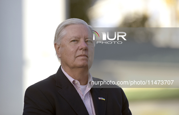 United States Senator Lindsey Graham is attending a briefing in Mykhailivska Square outside the St Michael's Golden-Domed Monastery in Kyiv,...