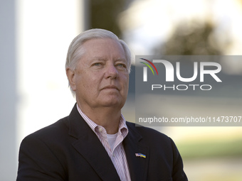 United States Senator Lindsey Graham is attending a briefing in Mykhailivska Square outside the St Michael's Golden-Domed Monastery in Kyiv,...