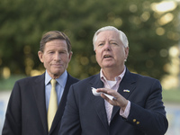 United States Senators Richard Blumenthal (L) and Lindsey Graham are holding a briefing in Mykhailivska Square outside the St. Michael's Gol...