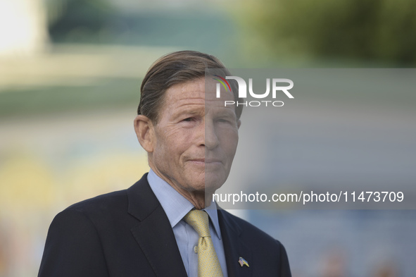 United States Senator Richard Blumenthal is attending a briefing in Mykhailivska Square outside the St. Michael's Golden-Domed Monastery in...