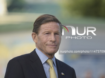 United States Senator Richard Blumenthal is attending a briefing in Mykhailivska Square outside the St. Michael's Golden-Domed Monastery in...