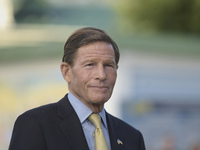 United States Senator Richard Blumenthal is attending a briefing in Mykhailivska Square outside the St. Michael's Golden-Domed Monastery in...