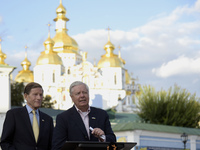 United States Senators Richard Blumenthal (L) and Lindsey Graham are holding a briefing in Mykhailivska Square outside the St. Michael's Gol...