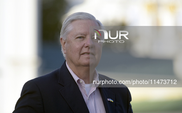 United States Senator Lindsey Graham is attending a briefing in Mykhailivska Square outside the St Michael's Golden-Domed Monastery in Kyiv,...