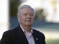 United States Senator Lindsey Graham is attending a briefing in Mykhailivska Square outside the St Michael's Golden-Domed Monastery in Kyiv,...