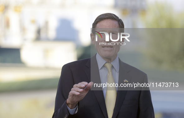 United States Senator Richard Blumenthal is attending a briefing in Mykhailivska Square outside the St. Michael's Golden-Domed Monastery in...