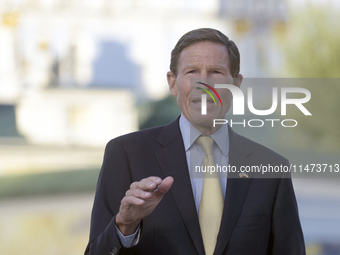 United States Senator Richard Blumenthal is attending a briefing in Mykhailivska Square outside the St. Michael's Golden-Domed Monastery in...