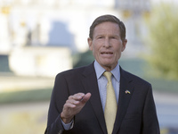 United States Senator Richard Blumenthal is attending a briefing in Mykhailivska Square outside the St. Michael's Golden-Domed Monastery in...