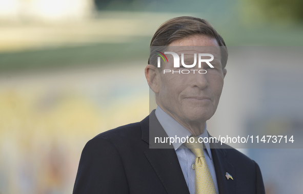 United States Senator Richard Blumenthal is attending a briefing in Mykhailivska Square outside the St. Michael's Golden-Domed Monastery in...