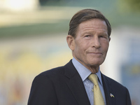 United States Senator Richard Blumenthal is attending a briefing in Mykhailivska Square outside the St. Michael's Golden-Domed Monastery in...