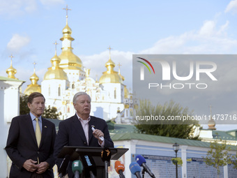 United States Senators Richard Blumenthal (L) and Lindsey Graham are holding a briefing in Mykhailivska Square outside the St. Michael's Gol...