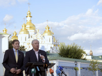 United States Senators Richard Blumenthal (L) and Lindsey Graham are holding a briefing in Mykhailivska Square outside the St. Michael's Gol...