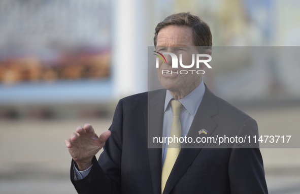 United States Senator Richard Blumenthal is attending a briefing in Mykhailivska Square outside the St. Michael's Golden-Domed Monastery in...